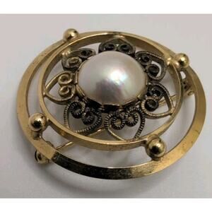 VTG Estate Wells 12k GF Round Flower Pearl Star Lapel Pin Brooch Shows Wear